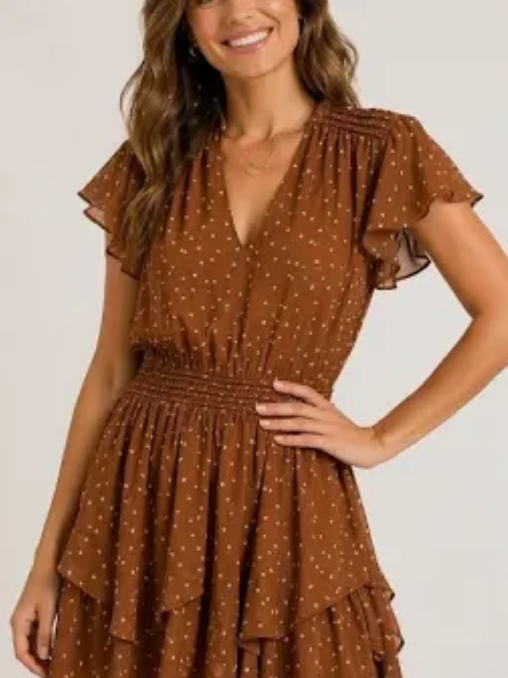 Storia Brown Polka Dot Tiered  smocked V-Neck Dress